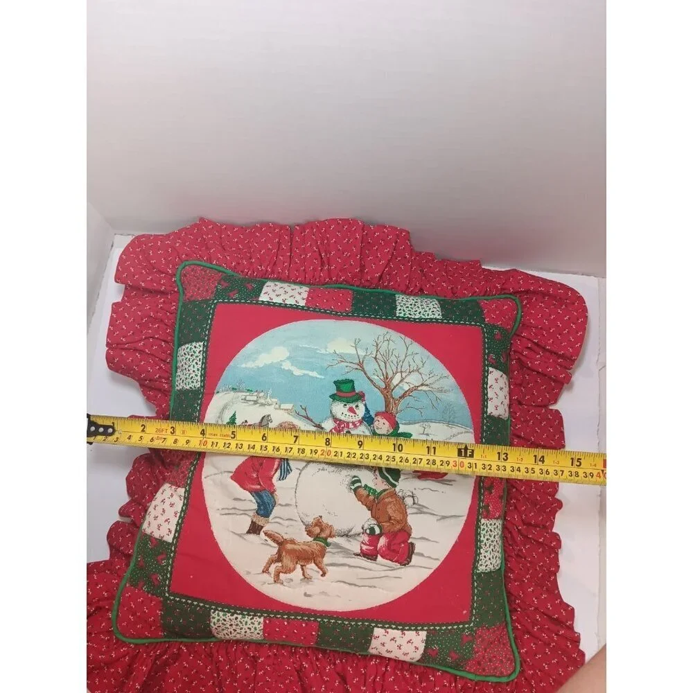 Vintage Handmade Ruffle Christmas Pillow Kitschy Quilted Square Snowman